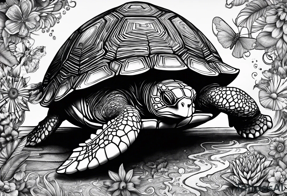 Turtle high on drugs, close up tattoo idea