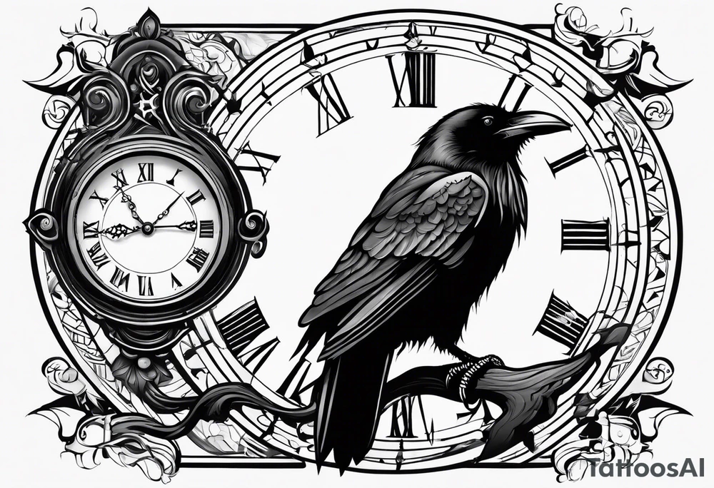 raven perched on clock tattoo idea