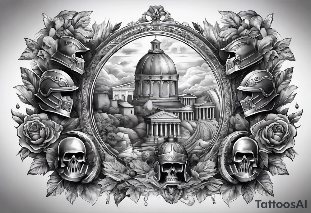 A sleeve of Roman objects and warriors tattoo idea
