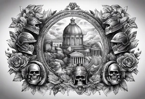 A sleeve of Roman objects and warriors tattoo idea