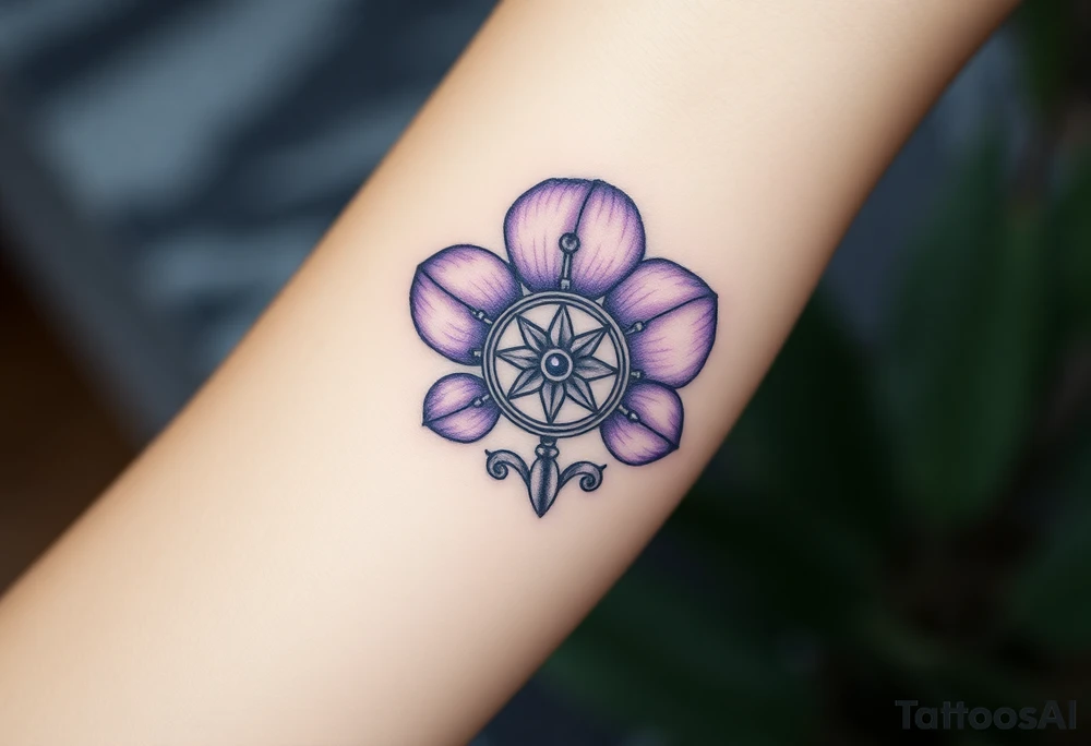 A single Violet with detailed compass at its center representing feminine power including an ankh and Celtic knot tattoo idea