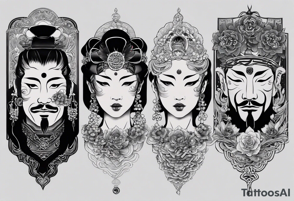 The Japanese say you have three faces. The first face, you show to the world. The second face, you show to your close friends and your family. The third face, you never show anyone.

make it for a chest piece and make it darker

make it three different faces but connect there necks tattoo idea
