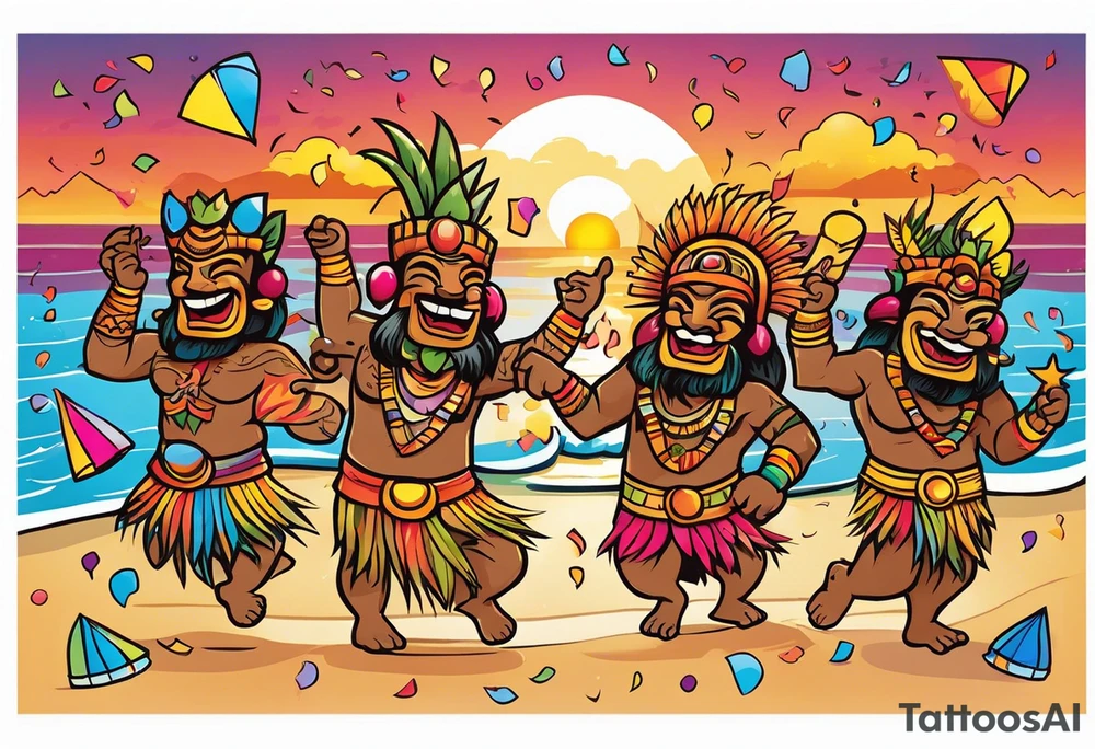 dancing tiki gods dance party on the beach with a sunset in the center of the image with confetti and music notes tattoo idea