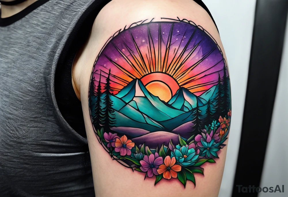 half sleeve tattoo on my shoulder. It features a mountain range, with a compass rose rising up from behind the mountain like a sunrise. In front of the mountains, there are purple and teal flowers. tattoo idea