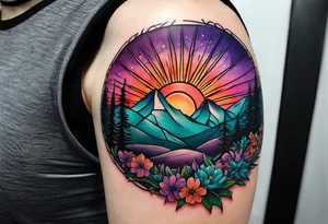 half sleeve tattoo on my shoulder. It features a mountain range, with a compass rose rising up from behind the mountain like a sunrise. In front of the mountains, there are purple and teal flowers. tattoo idea