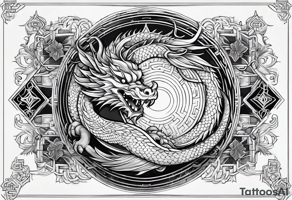 Boussole avec toute les directions entourée de dragon asiatique avec leur perle tattoo idea