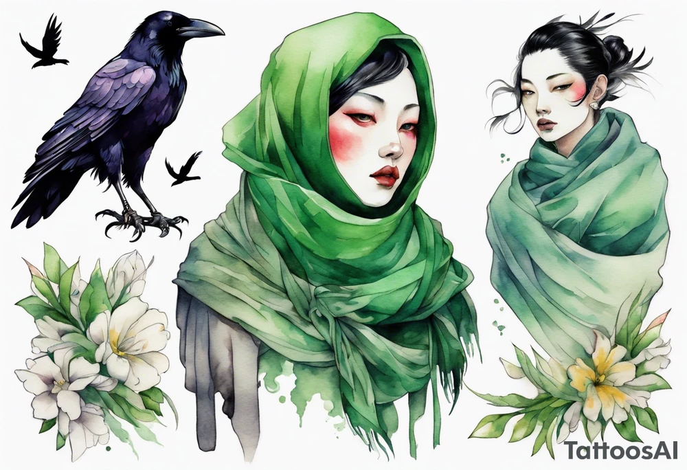a raven wearing a green scarf tattoo idea