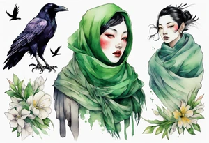a raven wearing a green scarf tattoo idea