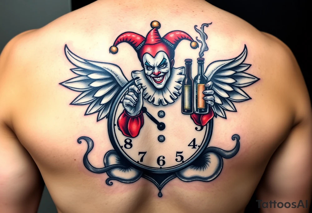 a jester clown floating in smoke with a  clock, the time says 420,  with two open wings besides the clock, smoke as the spring rising from the clock, a jester clown coming out the smoke, smoking in one hand with a liquor bottle on the other hand tattoo idea