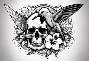 hummingbird, skull, hibiscus flower, storm clouds, lightning tattoo idea