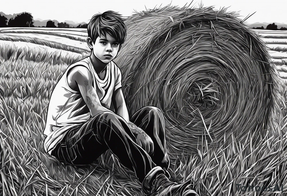 A boy sitting on top of a twisted bale of hay in a field where you can see the same bales of hay in the distance, and a tattoo idea