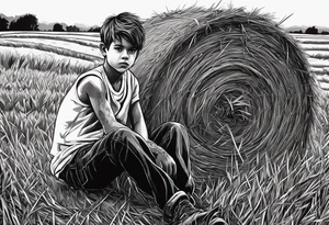 A boy sitting on top of a twisted bale of hay in a field where you can see the same bales of hay in the distance, and a tattoo idea