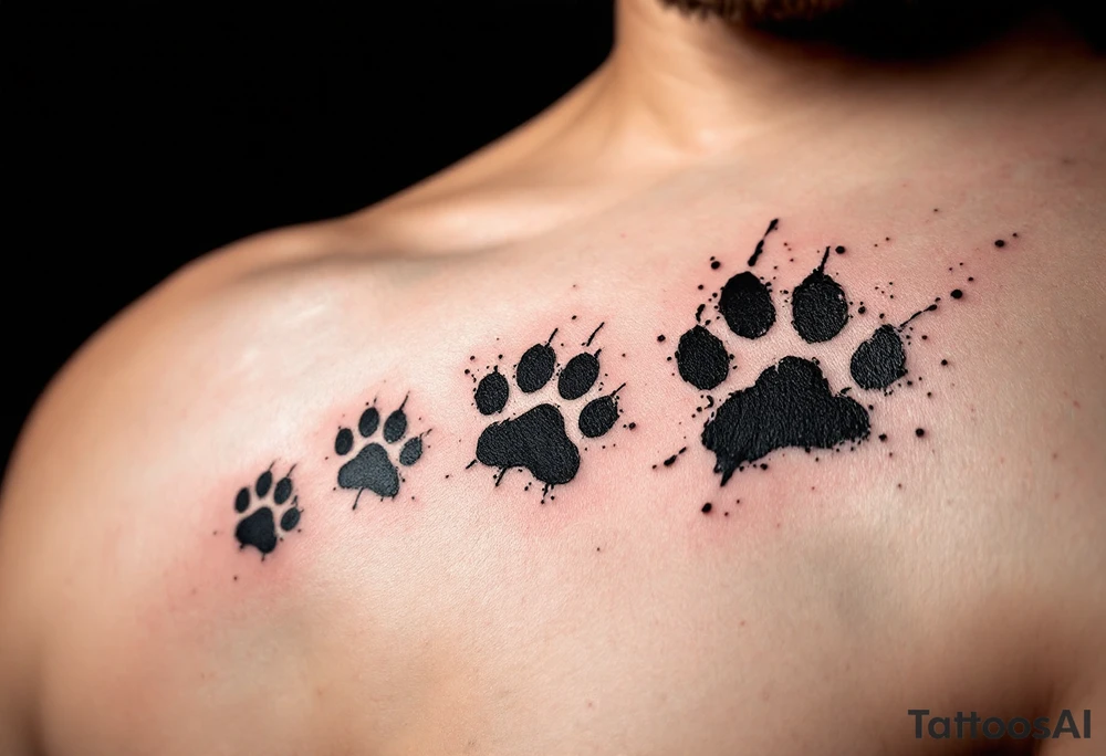 Inky Brushstroke Paw Prints – Artistic black ink splashes and rough brushstroke texture surrounding each paw, evoking movement and creative spirit. tattoo idea