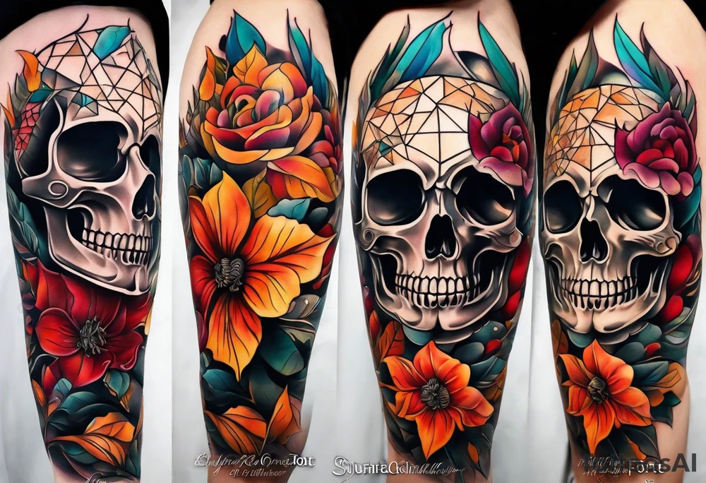 Knee tattoo with fall colors, flowers, skulls and geometric shapes. tattoo idea