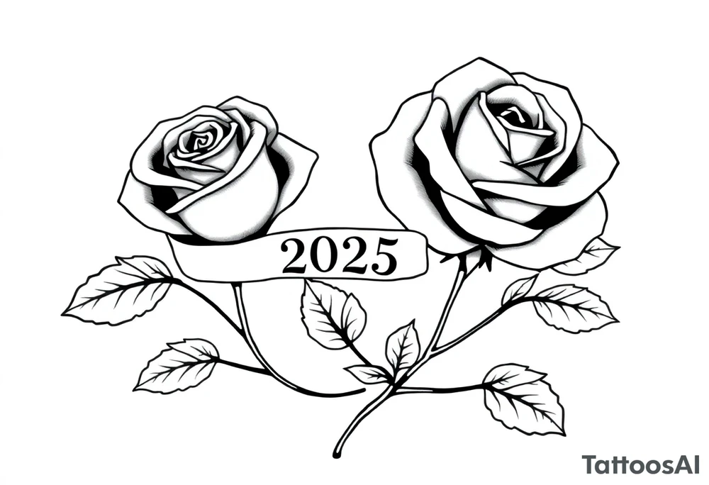 two beautiful large rose buds, one larger than the other, with many leaves next to the rose buds, with one sitting higher than the other. Include a banner connecting the two roses with the year 2025 on it.   Use dark outlines with little shading. The two stems should be short, not long, and connect and join into one stem, whimsically curved or twisted - not straight down. tattoo idea