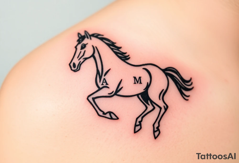 horse silhouette 
from the front which gallops from the front, with the 3 small letters discreetly integrated: L, A, M tattoo idea