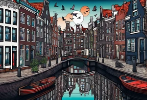 Tattoo of animals in Amsterdam featuring Amsterdam buildings and canal in galaxy colours featuring glass featuring birds and other critters tattoo idea