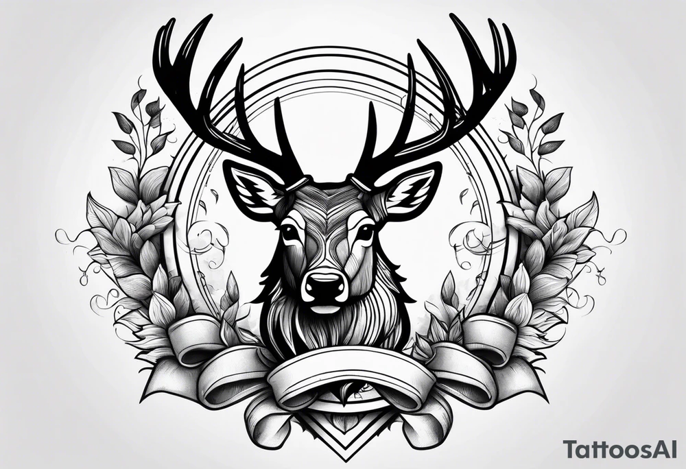 Stag surrounded by a ribbon and a large dagger in the background tattoo idea