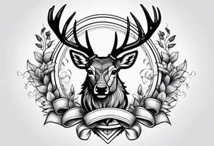 Stag surrounded by a ribbon and a large dagger in the background tattoo idea
