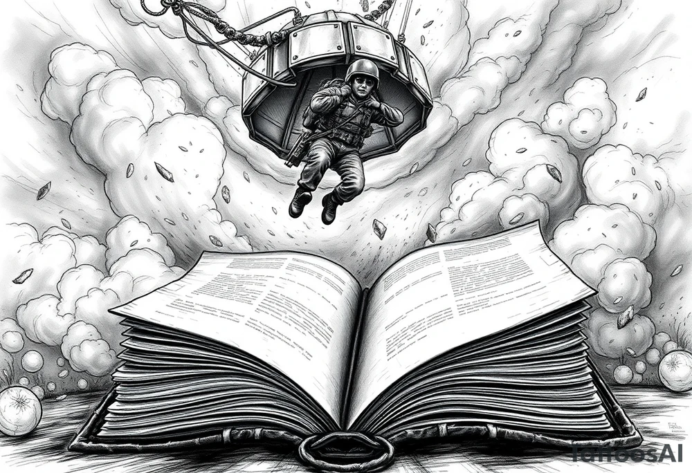 “A parachuting soldier descending from a storm-torn sky, smoke, embers and debris swirling around; the soldier is in mid-air, detailed gear (helmet, boots, rifle slung over shoulder), just about to land into an open, aged book with weathered pages spread wide. The book is large, ancient leather bound, its pages fluttering, cracks or tears on edges. The scene is dramatic, surreal: perspective from low so you see the book in foreground, sky above dark and chaotic, contrast between harsh sky and the calm, almost sacred book. Style: high-contrast black & grey with some muted earth tones and a single vivid accent colour (e.g. red). Fine line work, slightly realistic with stylised surreal elements; shadows deep; textures of leather, cloth, smoke detailed.” tattoo idea