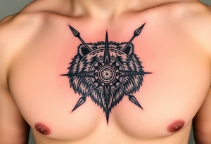 powerful bear with roman deisgn spears and a sun dial tattoo idea