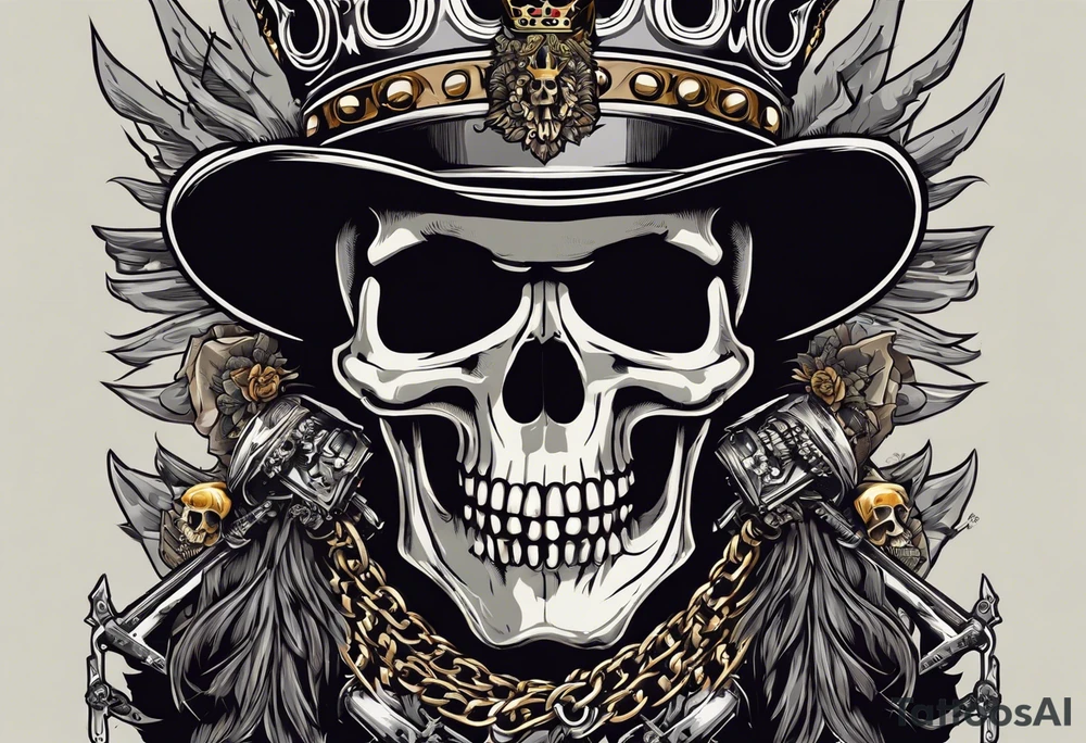 image of a skeleton standing frontally with a crown on his head, holding an AK-47 on his shoulder with his right hand. The chain on the left should be taut, there are three angry barking Dobermans in it, near the waist tattoo idea