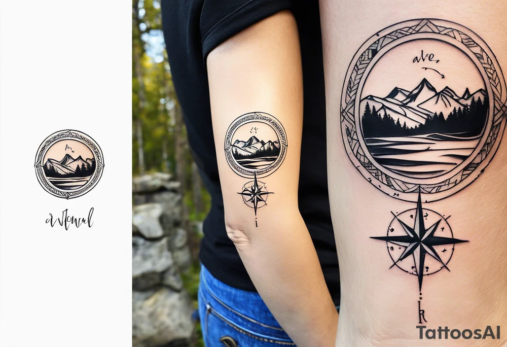 A half sleeve tattoo that features the quote **"Not all who wander are lost"** in elegant script on the outer forearm. Surrounding it are a compass rose and flowing elements like mountains, waves, and trees, symbolizing adventure and nature. Small travel icons like a plane and backpack are interspersed, enhancing the theme of exploration. The design uses a dynamic look that wraps naturally around your forearm. tattoo idea