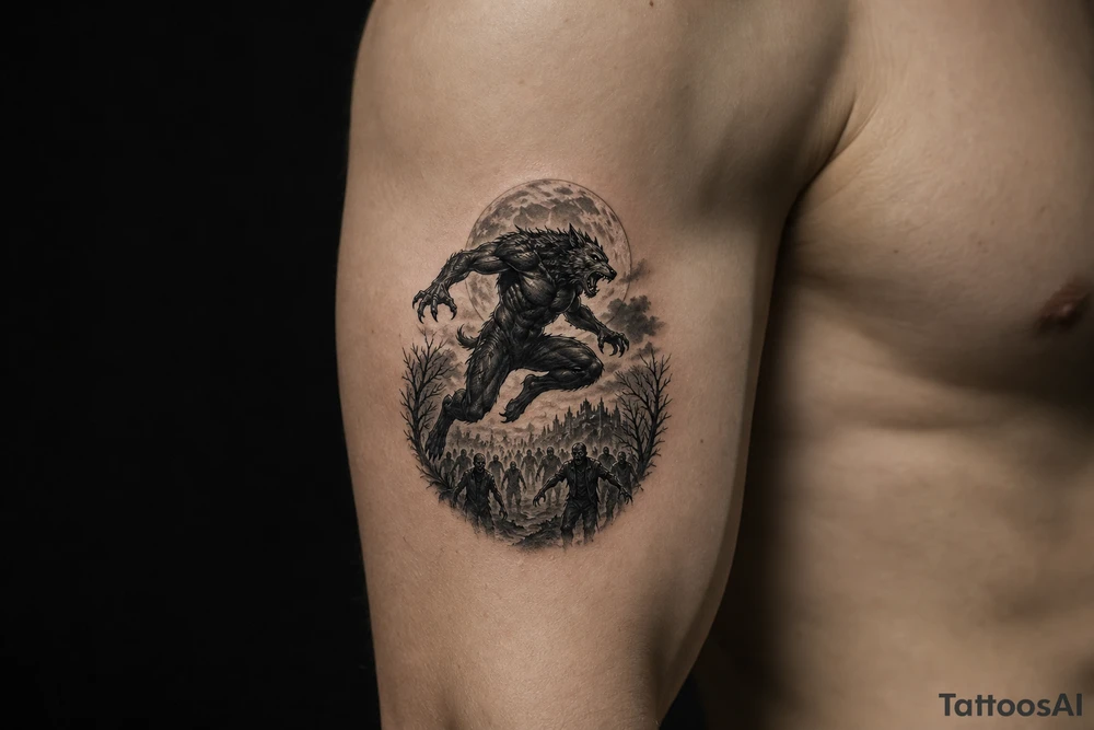 Dynamic silhouette of a werewolf jumping, with a distant zombie horde below. tattoo idea