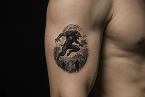 Dynamic silhouette of a werewolf jumping, with a distant zombie horde below. tattoo idea