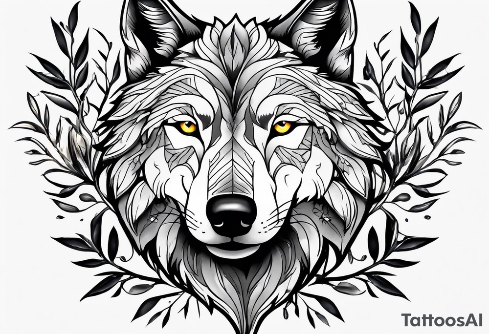 Wolf drawn with olive tree branches and leaves tattoo idea