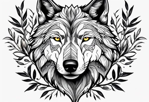 Wolf drawn with olive tree branches and leaves tattoo idea