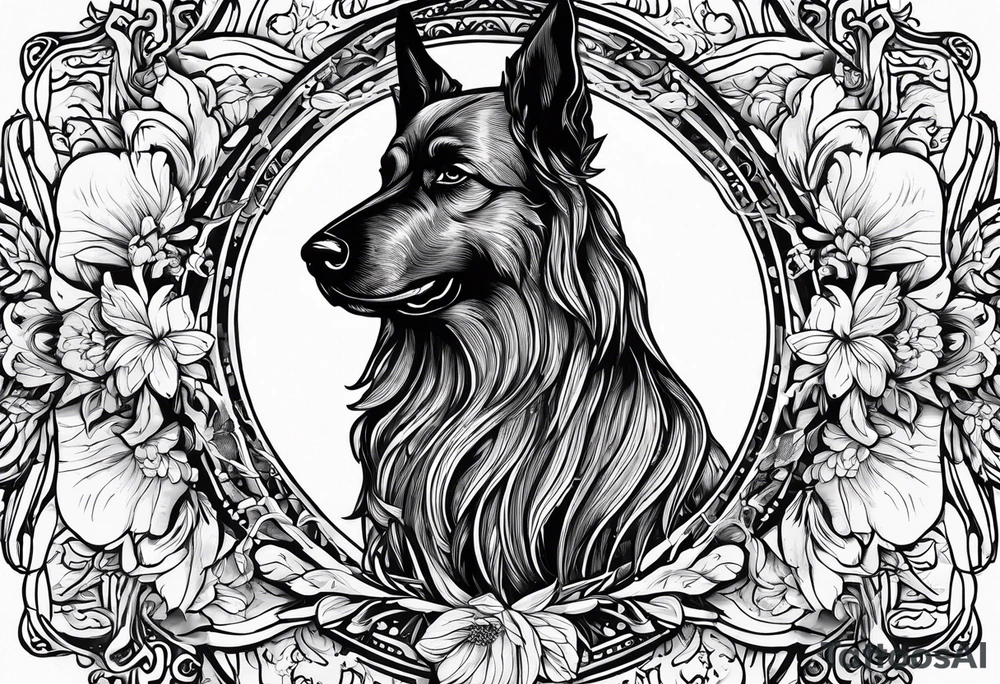“Odin” in script cursive with April birth flowers placed nicely through it and a dogs nose print at the end tattoo idea