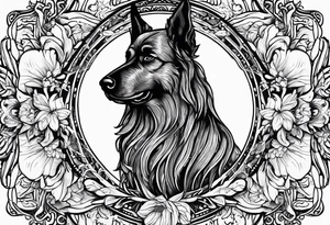 “Odin” in script cursive with April birth flowers placed nicely through it and a dogs nose print at the end tattoo idea