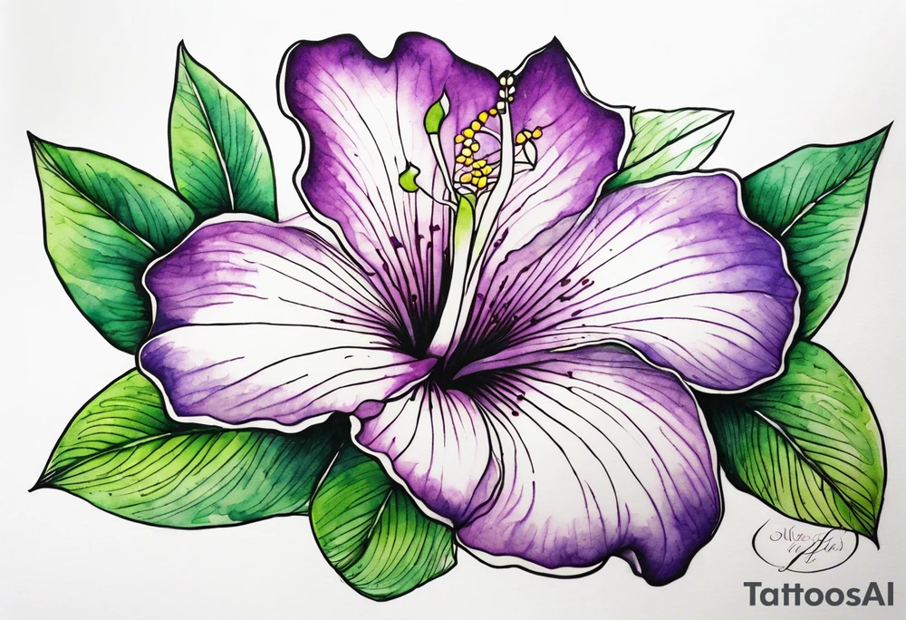 An outline of a rio dipladenia flower with a green and purple watercolor background tattoo idea