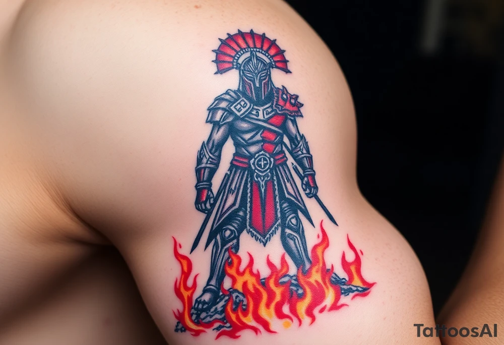 A battle-worn Ares in crimson and black armor, standing atop a battlefield engulfed in fiery orange and deep red flames tattoo idea