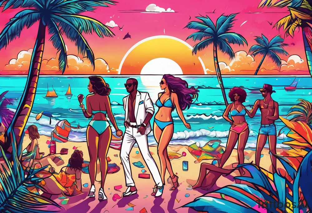 1980's miami vice style beach dance 
party, include confetti, music notes, boom box, bikinis sunset in the center tattoo idea