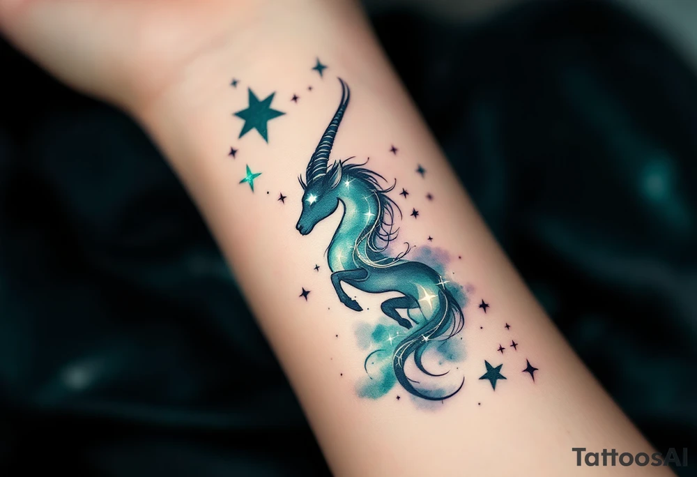 This Capricorn design features glowing teal stars across a smoky watercolor background for a mysterious edge. tattoo idea