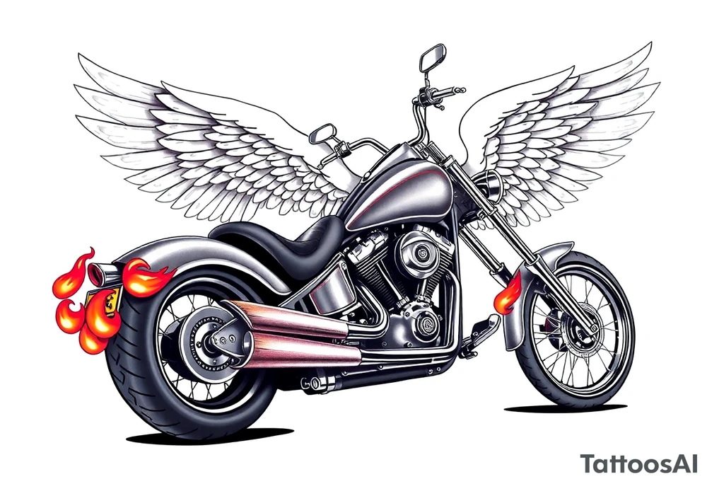 Low rider grey motorcycle, big muffler pipes with flames, angel wings, driving away, no person tattoo idea