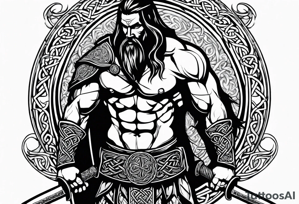 Side full body shot of Celtic warrior with sword and axe. tattoo idea