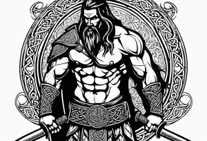Side full body shot of Celtic warrior with sword and axe. tattoo idea