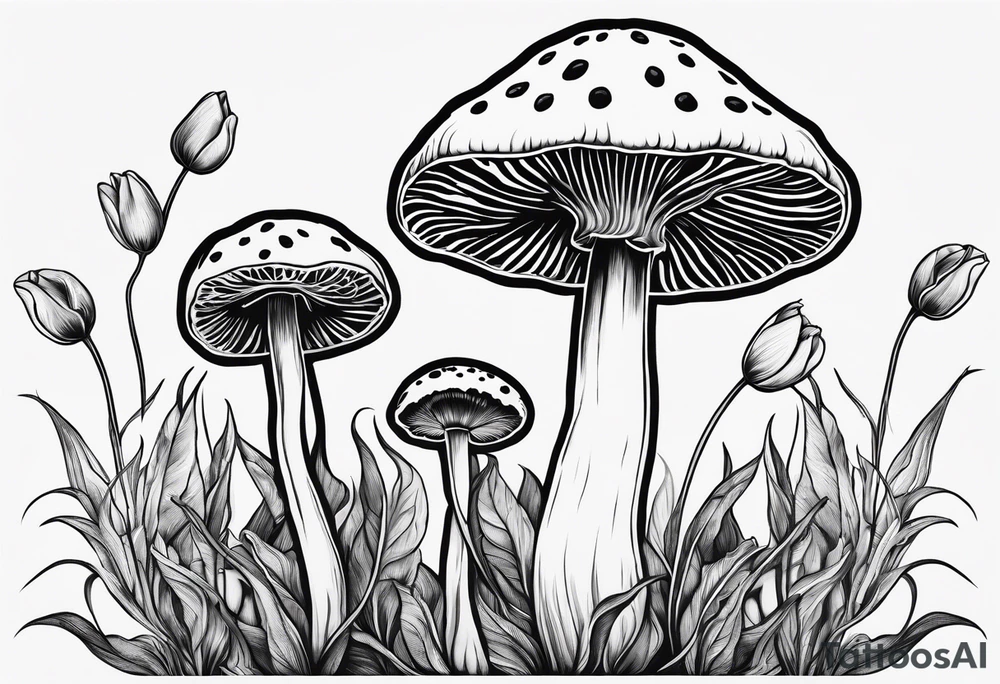 Amanita mushrooms, plants, tulips, serotonin symbol, semicolon tattoo idea