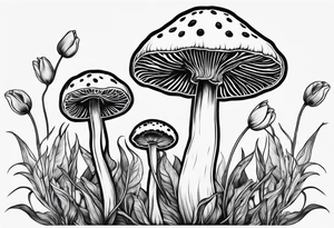 Amanita mushrooms, plants, tulips, serotonin symbol, semicolon tattoo idea