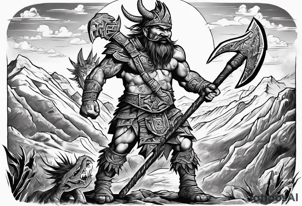 aztec dwarven warrior with a war axe fighting against a dragon in in the mountains as the sun is rising tattoo idea