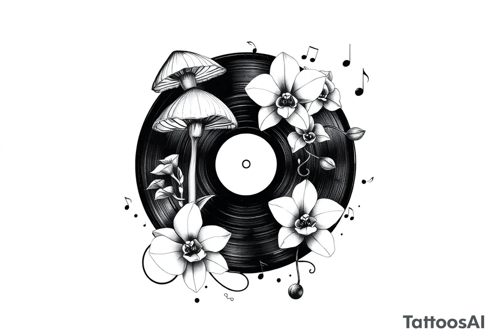 one black and white vinyl record with mushrooms, two orchids, and music notes around it tattoo idea