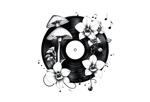 one black and white vinyl record with mushrooms, two orchids, and music notes around it tattoo idea