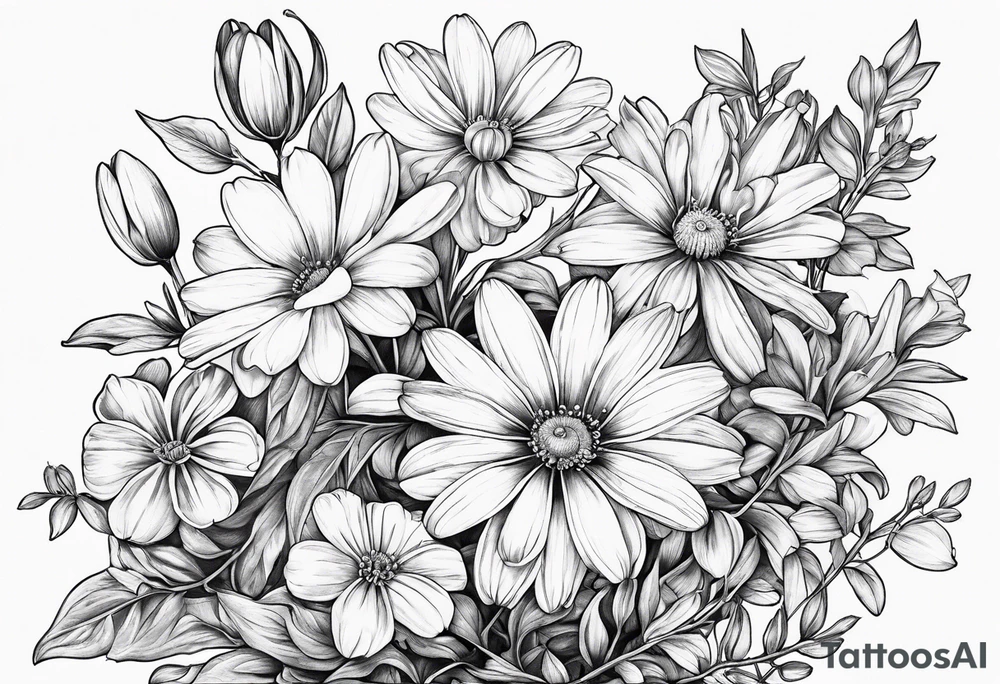 Honeysuckle,3 daisys,cosmos,and snowdrop tattoo idea