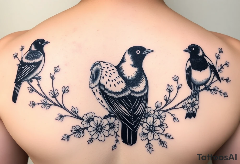 A british barn owl and 2 magpies, entwined by rowan tree branches and florals. In fineline and dotwork tattoo idea