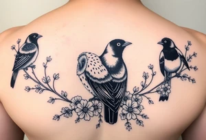 A british barn owl and 2 magpies, entwined by rowan tree branches and florals. In fineline and dotwork tattoo idea