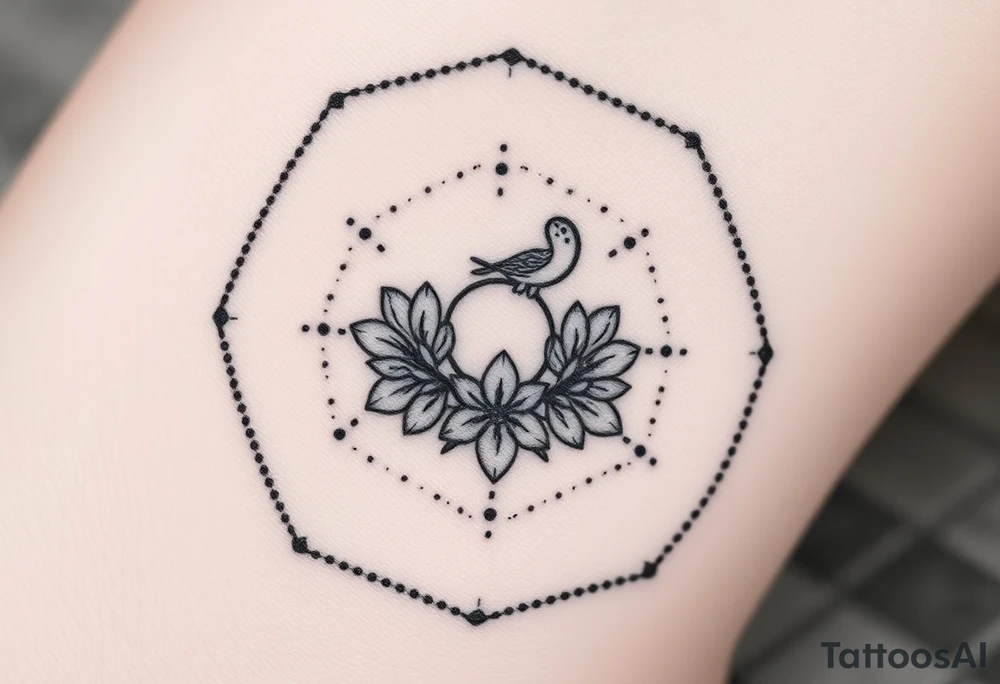 Hexagon with a Leo constellation, larkspur and water lilies in the center tattoo idea