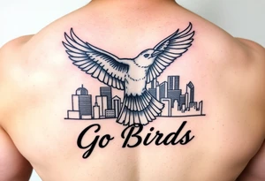 Philadelphia Classic bird flying over Philadelphia city skyline with Go Birds written under it tattoo idea